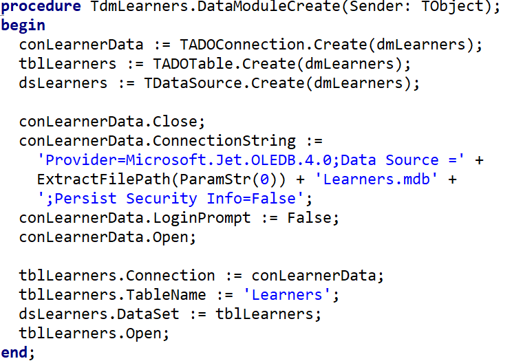 Setting up the database connection in code