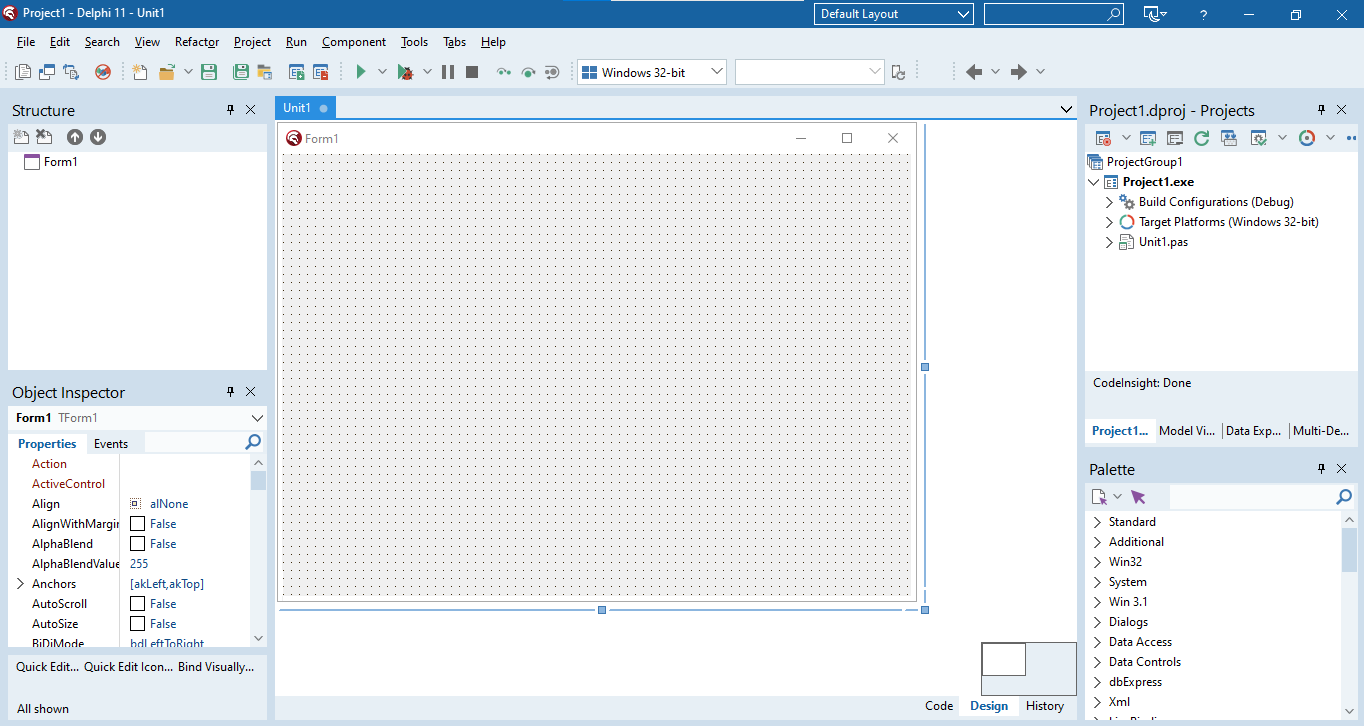 Delphi 11 IDE in Design View